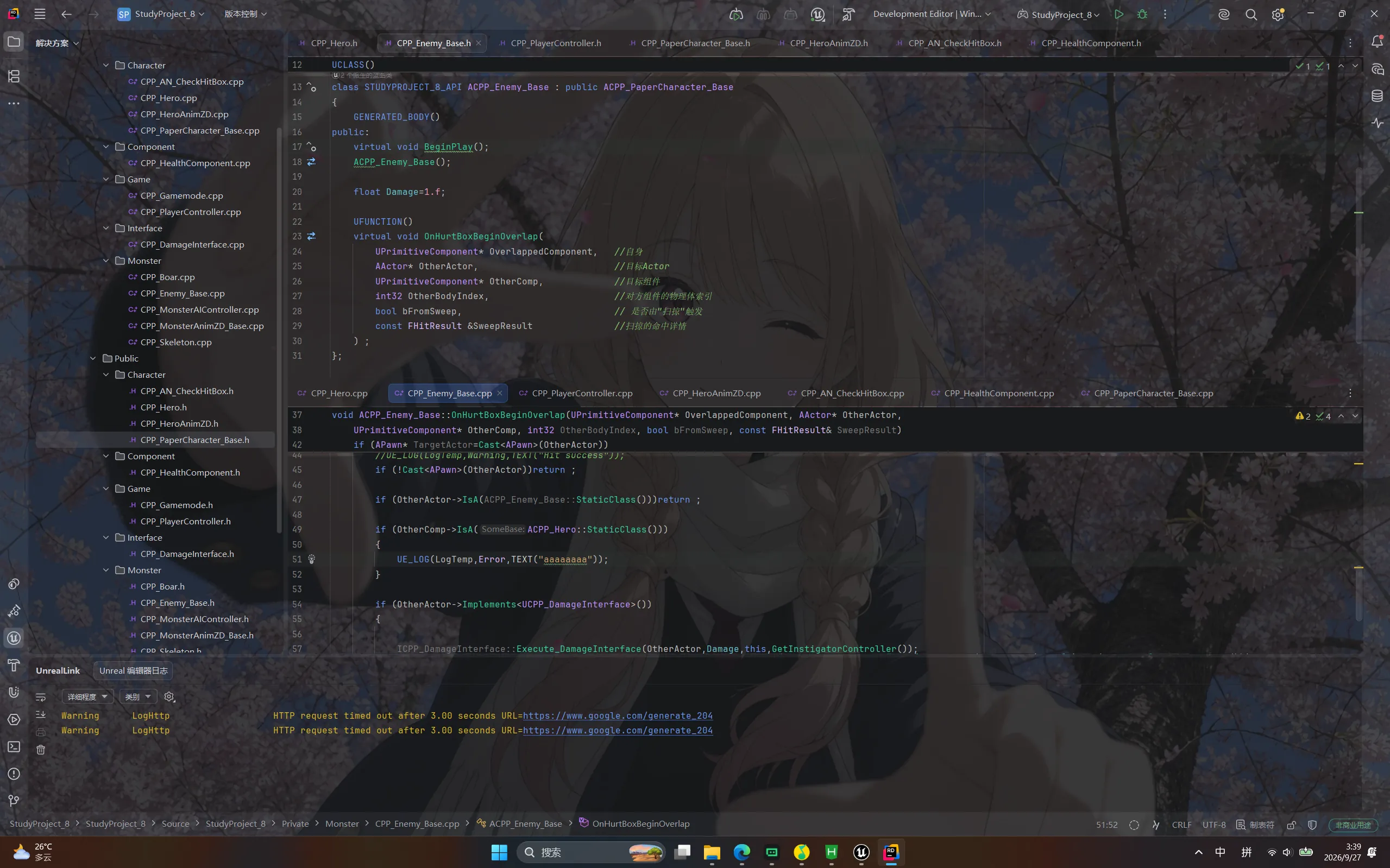 VS Code 里打开 CPP_Enemy_Base.h 与 .cpp 的代码截图，类声明为 ACPP_Enemy_Base，继承自 ACPP_PaperCharacter_Base，成员有 float Damage = -1.f，以及一个用 UFUNCTION 宏修饰的重叠回调 OnHurtBoxBeginOverlap；实现里先用 Cast 确认对方是 Pawn，再用 IsA 过滤掉跟自己同类的对象，然后用 Implements 判断对方有没有实现伤害接口，最后调用 Execute_DamageInterface 把伤害值传递过去；函数里还留着一条中文的调试日志