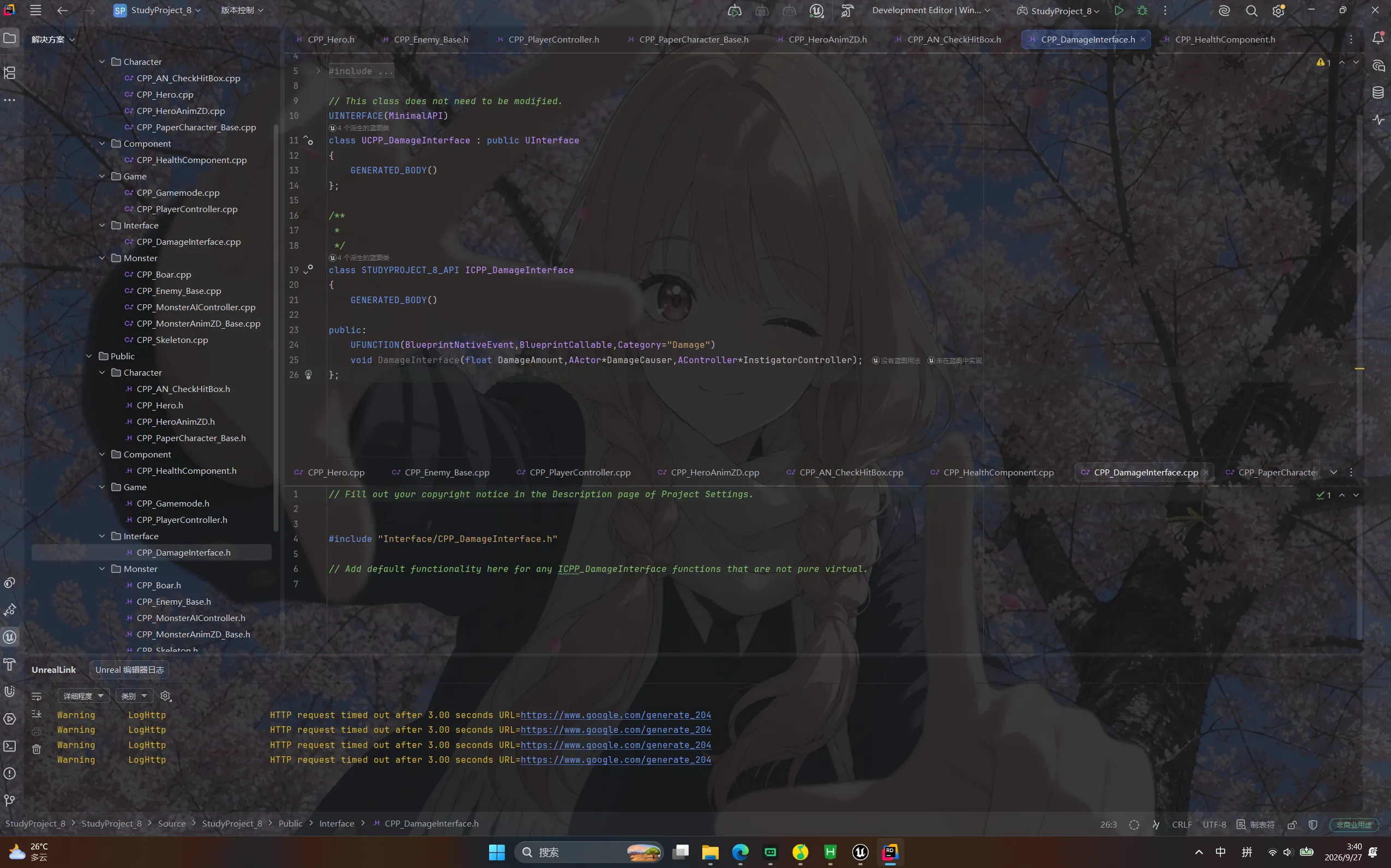 VS Code 里打开的 CPP_DamageInterface.h 代码截图，上半是 UINTERFACE(MinimalAPI) 修饰的 UCPP_DamageInterface 类，下半是 ICPP_DamageInterface，其中声明了一个接口函数 void DamageInterface(float DamageAmount, AActor* DamageCauser, AController* InstigatorController)，宏写作 UFUNCTION(BlueprintNativeEvent, BlueprintCallable, Category=Damage)；下半部分还显示了对应的 cpp 文件，其中只有一行包含头文件和一段自动生成的注释