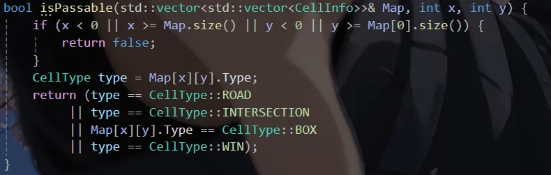 C++ 代码截图：isPassable 先判断坐标是否越界，再判断该格类型是否为 ROAD、INTERSECTION、BOX 或 WIN