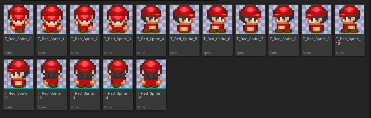 内容浏览器里排列着十六个 Sprite 资产，名字从 T_Red_Sprite_0 一直到 T_Red_Sprite_15，缩略图是同一个红帽子像素小人的十六个连续动作，一格一帧
